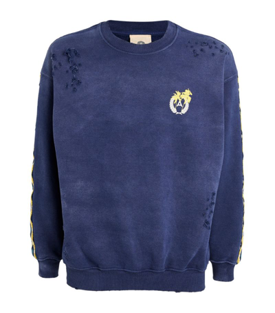 Shop Alchemist Cotton Distressed Logo Sweatshirt In Navy