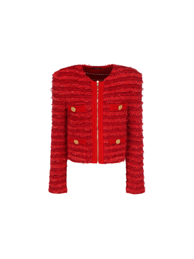 Shop Balmain Buttoned Tweed Round Neck Jacket In Red