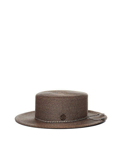 Shop Maison Michel Kiki Logo Plaque Interwoven Hat In Brown