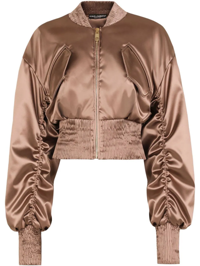 Shop Dolce & Gabbana Ruched Satin Bomber Jacket In Brown