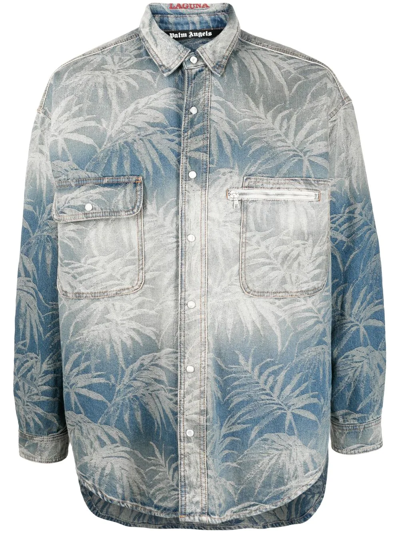 Shop Palm Angels Palm-print Oversized Denim Shirt In Blue