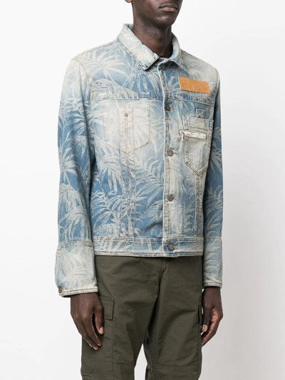 Shop Palm Angels Jungle-print Denim Jacket In Blue