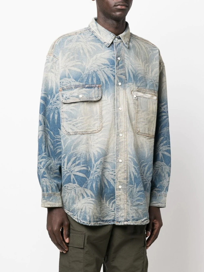 Shop Palm Angels Palm-print Oversized Denim Shirt In Blue
