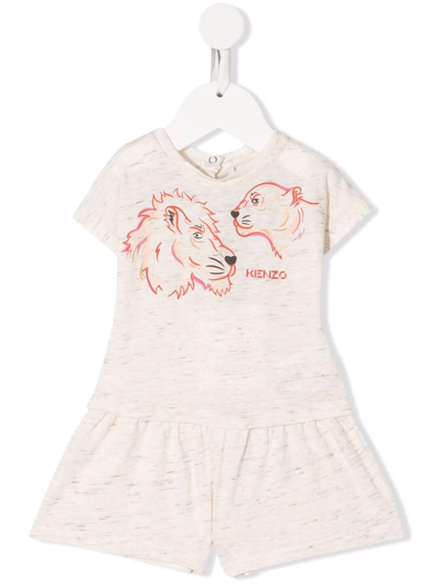 Kenzo Lion-print Knitted Romper In Neutrals