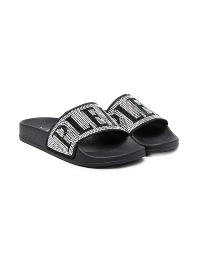 Shop Philipp Plein Junior Teen Rhinestone-embellished Slides In Black