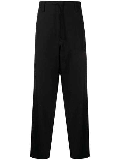 Shop Yohji Yamamoto Drawstring-waist Wool Straight-leg Trousers In Black