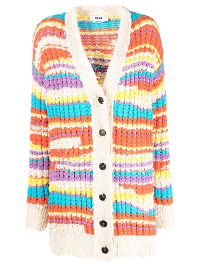 Shop Msgm Striped Chunky Knit Cardigan In Neutrals