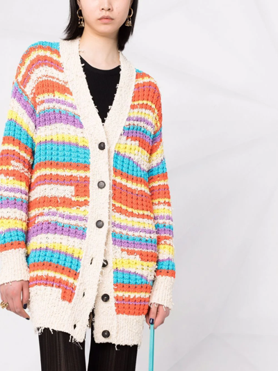 Shop Msgm Striped Chunky Knit Cardigan In Neutrals