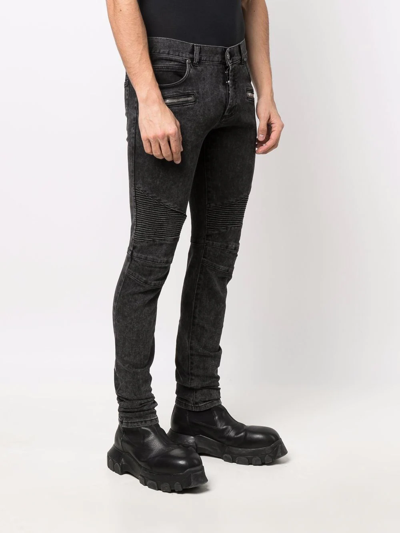 Shop Balmain Ribbed Slim-cut Bleached Jeans In Black