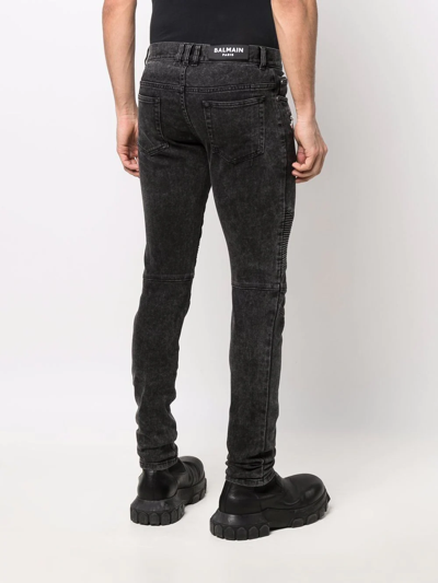 Shop Balmain Ribbed Slim-cut Bleached Jeans In Black