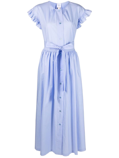 Patou Ruffle-sleeves Belted Cotton Dress In Blue | ModeSens