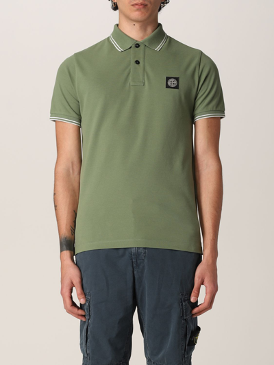 Shop Stone Island Polo Shirt In Stretch Pique Cotton In 橄榄绿