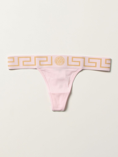 Shop Versace Greca Cotton Thong In Baby Pink