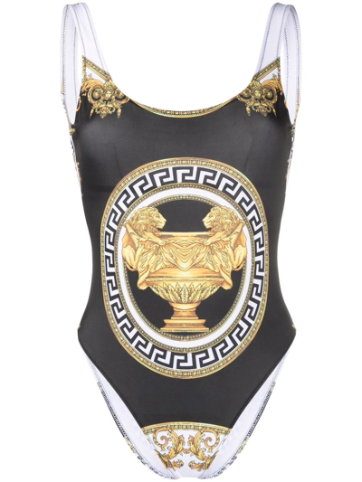 Shop Versace Greek Key-print Swimsuit In Black