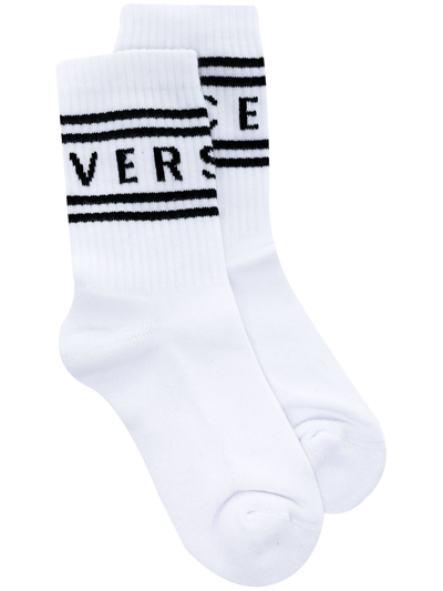 Shop Versace Logo-print Ribbed Socks In White