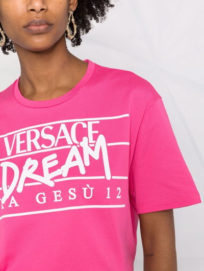 Shop Versace Slogan Logo-print Short-sleeve T-shirt In Pink
