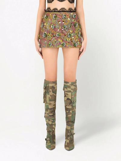 Shop Dolce & Gabbana Embellished Jacquard Miniskirt In Green