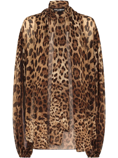 Dolce & Gabbana Leopard-print Silk Pussy-bow Blouse In Brown