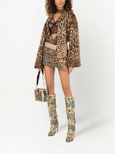 Dolce & Gabbana Leopard-print Silk Pussy-bow Blouse In Brown