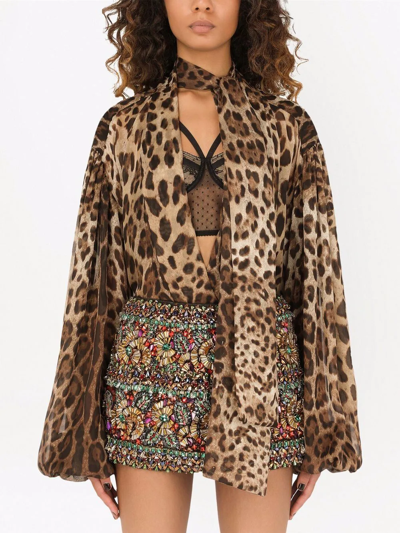 Dolce & Gabbana Leopard-print Silk Pussy-bow Blouse In Brown