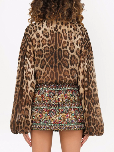 Dolce & Gabbana Leopard-print Silk Pussy-bow Blouse In Brown