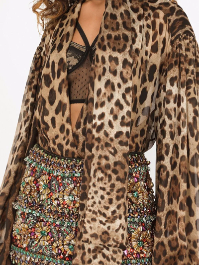 Dolce & Gabbana Leopard-print Silk Pussy-bow Blouse In Brown