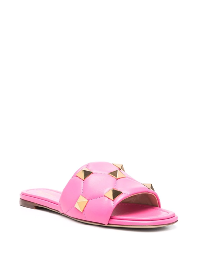 Valentino Roman Stud 5mm Flat Slide Sandals In Pink