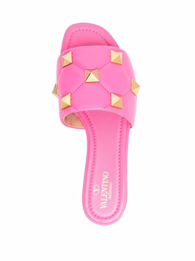 Valentino Roman Stud 5mm Flat Slide Sandals In Pink