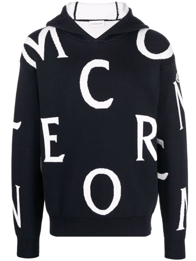 Shop Moncler Intarsia-logo Knitted Hoodie In Blue