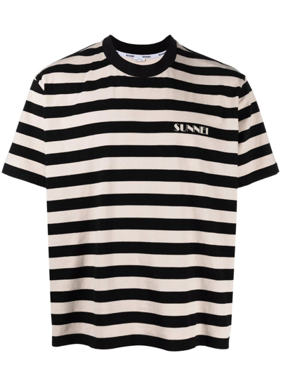 Shop Sunnei Striped Logo-print T-shirt In Black