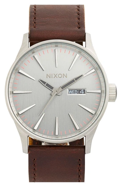 Shop Nixon The Sentry Leather Strap Watch, 42mm In Silver/ Brown
