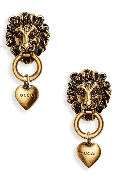 Gucci Lion Head And Heart Earrings In Undefined | ModeSens