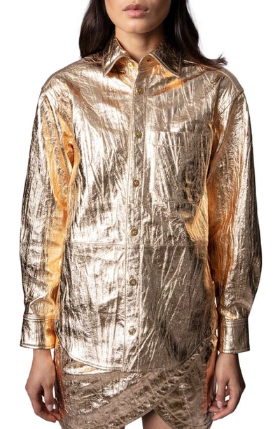 Shop Zadig & Voltaire Tais Metallic Leather Button-up Shirt In Gold