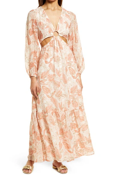 Shop Btfl-life Metallic Embroidery Leaf Print Long Sleeve Maxi Dress In Rust/ Cream