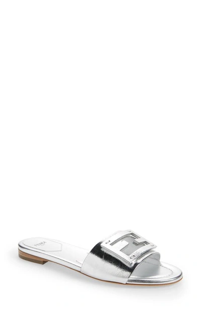 Shop Fendi Baguette Metallic Slide Sandal In Silver