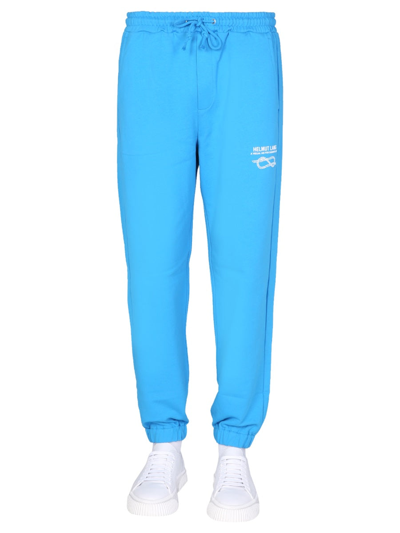 Shop Helmut Lang Logo Printed Elastic Waist Jogging Pants In Blue