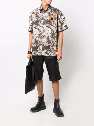Heron Preston Camo Short Sleeve Cotton Poplin Button-up Bowling Shirt In Green