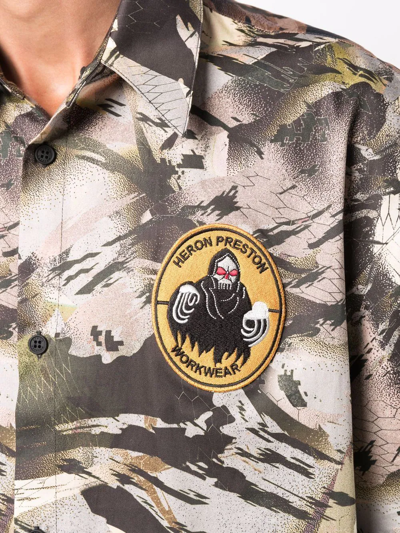 Heron Preston Camo Short Sleeve Cotton Poplin Button-up Bowling Shirt In Green