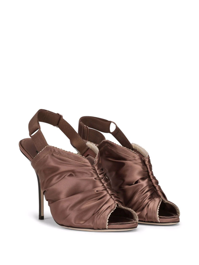Shop Dolce & Gabbana Ruched Satin Slingback Sandals In Brown