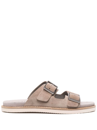 Shop Brunello Cucinelli Buckled Suede Sandals In Neutrals