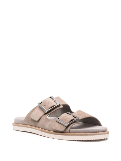 Shop Brunello Cucinelli Buckled Suede Sandals In Neutrals