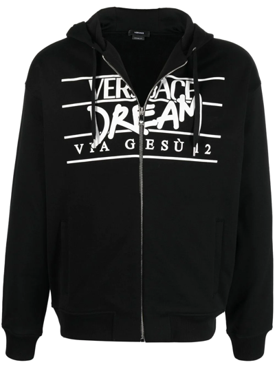 Shop Versace Slogan Logo-print Zip-front Hoodie In Black
