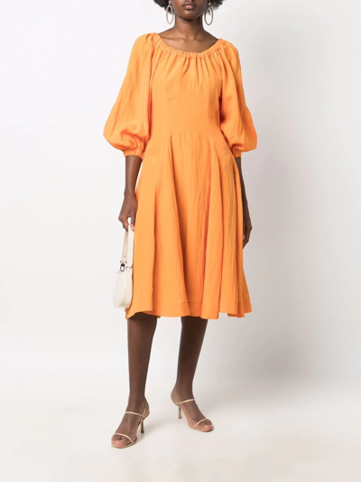 Shop Rejina Pyo Puff-sleeves Midi Dress In Orange