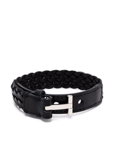 Shop Tom Ford Braided Leather Bracelet In Black