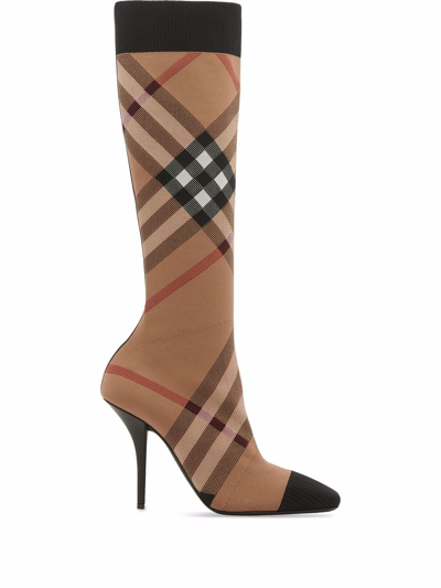 Shop Burberry Knitted Check Sock Boots In Neutrals