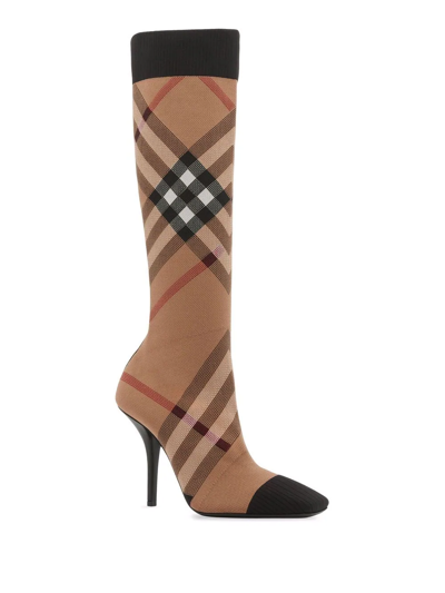 Shop Burberry Knitted Check Sock Boots In Neutrals