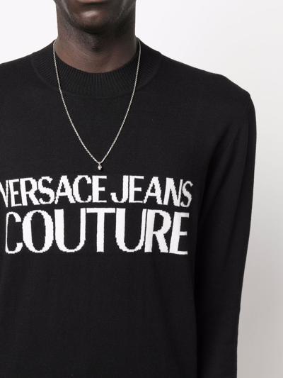 Shop Versace Jeans Couture Logo Intarsia Crew-neck Jumper In Black