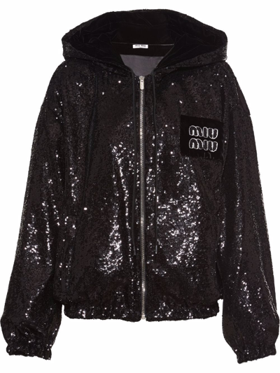 MIU MIU SEQUINNED LOGO-PATCH ZIPPED HOODIE 