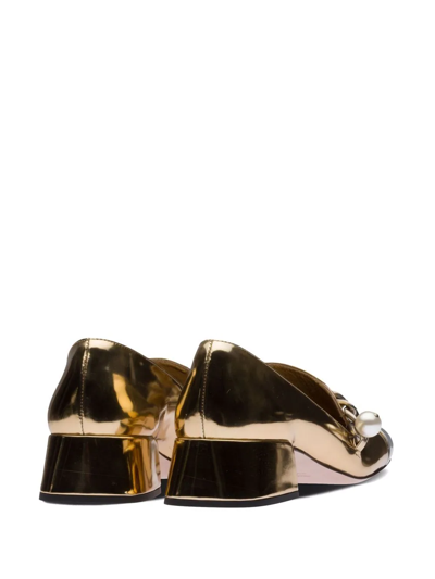 Shop Miu Miu Metallic Patent Leather Loafers In Gold