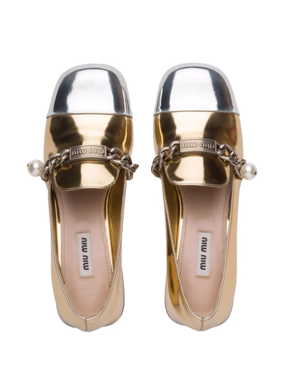 Shop Miu Miu Metallic Patent Leather Loafers In Gold